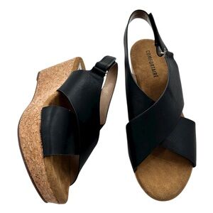 Comfortaire Cork Wedge Black Sandals with Adjustable Velcro Backstrap